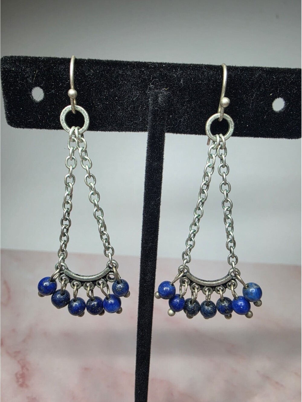 Boho Silvertone Lapis Bead Chandelier Dangle Fringe Hook Earrings